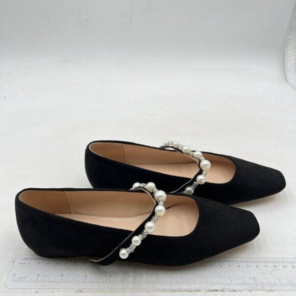 FOWT Women Square Toe Slip on Flats Pearl Studded Strap Elegant Pumps  Black - Picture 4 of 8